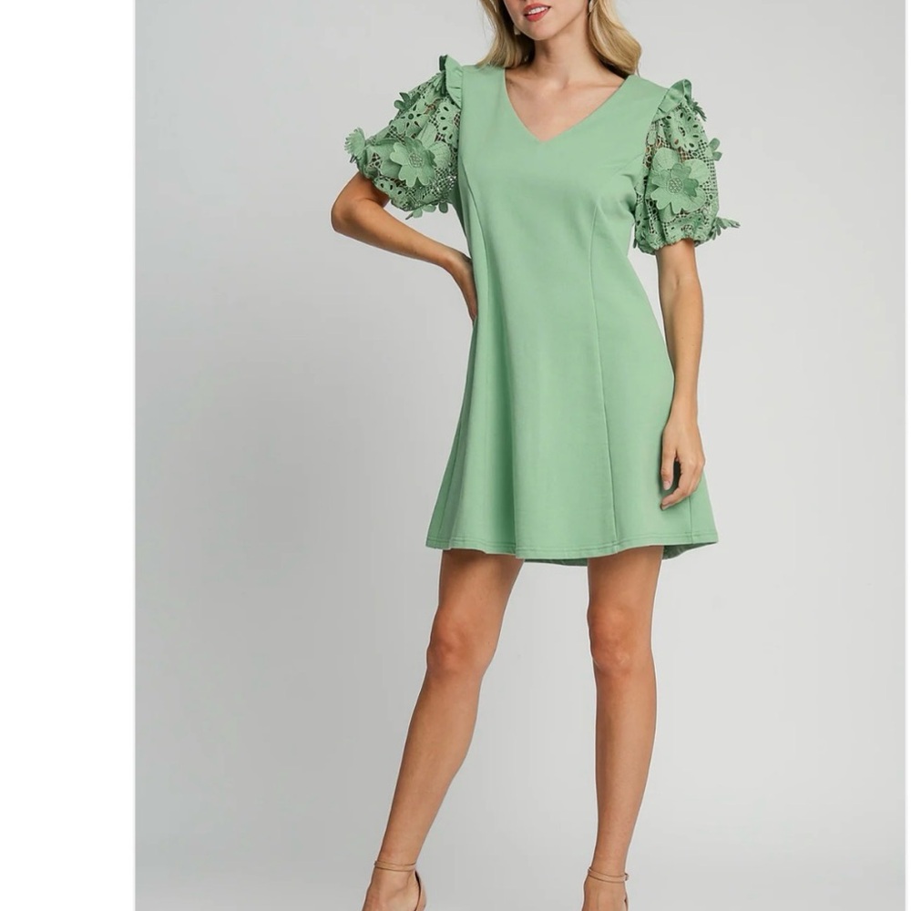 Umgee Sage Green Mini Dress with Lace Puff Sleeves